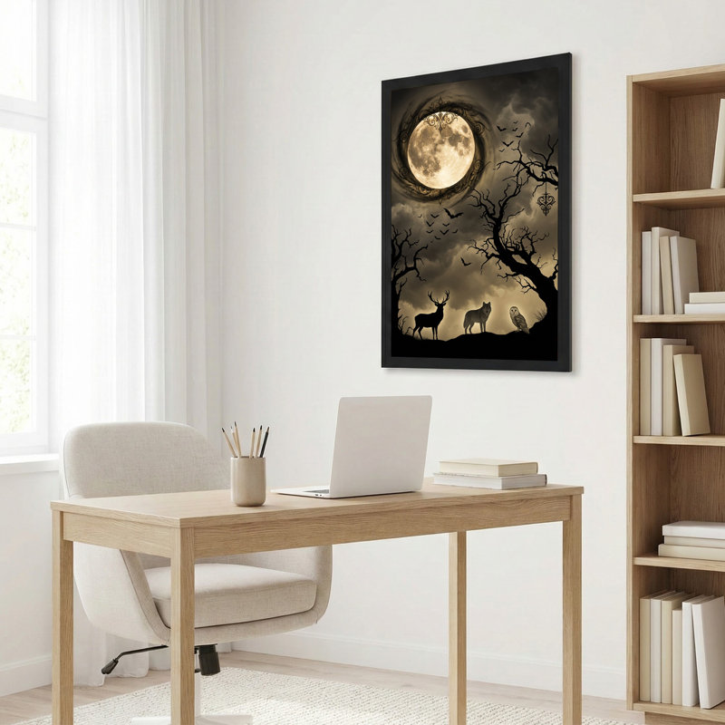 Loup, cerf, hibou et chauves-souris, pleine lune, forêt sépia, art mural, H 30 po x l 20 po
