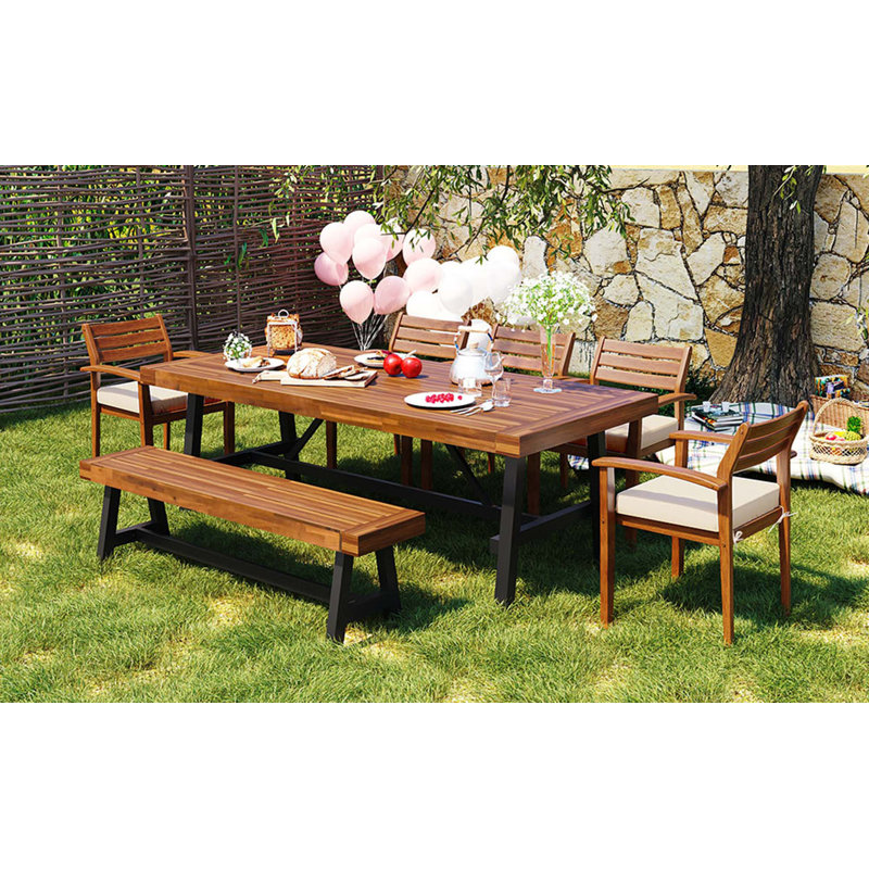 Outdoor Wood Dining Set For 7-8 Person, Outdoor Dining Furniture With Removable Cushions, Ergonomic Chairs And Bench, Thicker Table