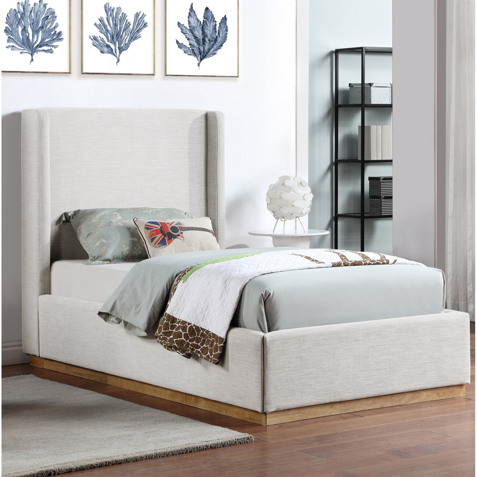 Upholstered Panel Bed, Cream Linen Textured Fabric, Twin