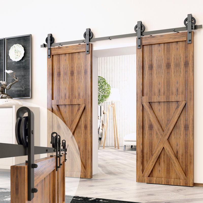 Black Rustic Spoke Wheel Design Non-Bypass Double Barn Door Hardware Kit( Door Not Included), 120 in.
