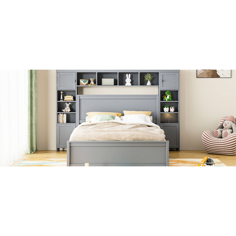 Grand lit robuste gris avec armoire combinée, tablette et douille - options intégrées, Gris, Grand lit
