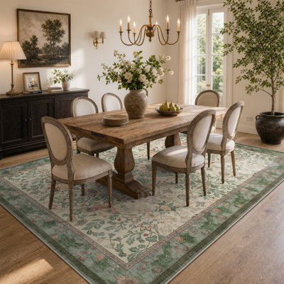  Sage Green Botanical Floral Washable Area Rug, Vintage Traditional Non-Slip Carpet for Living Room, Dining Room and Bedroom, Cottage Style Floor Covering