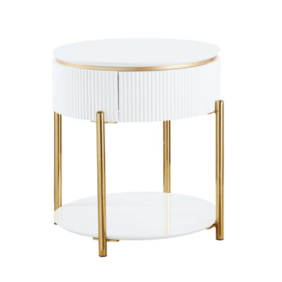 Table de bout élégante - Décor blanc brillant et or, corps en bois composite, 22,27 po X 24,09 po, 27,9 lb, 40 lb, limite de poids contemporaine et accent, construction, 22 profondeur largeur 24 hauteur, 28 lb.
