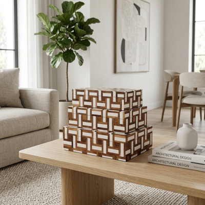 Decorative Resin & Wood Geometric Storage Boxes With Lid For Organizer - Keepsake Accent For Home Decor - Set Of 3, 12", 11", 10", Brown & White