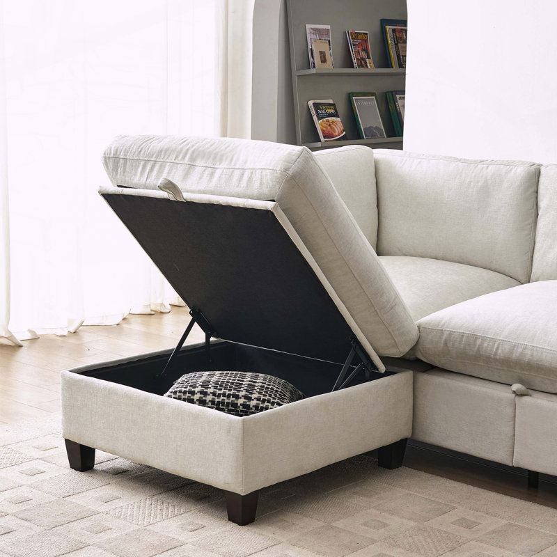 Canapé modulaire en U en chenille avec rangement et repose-pieds, Beige