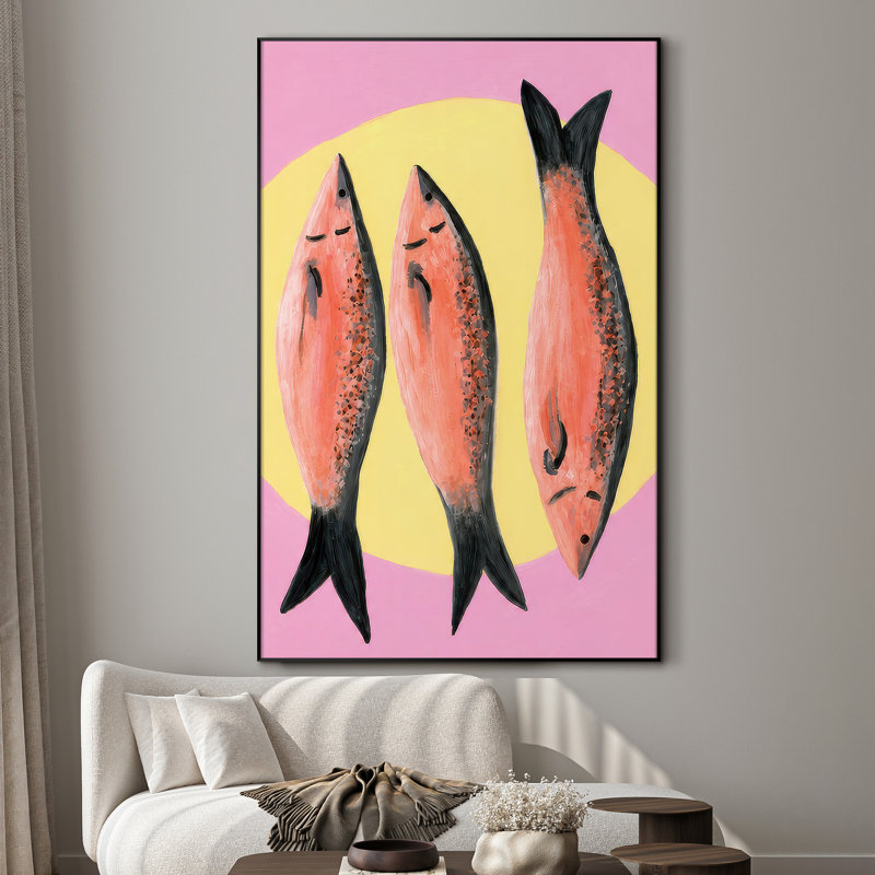 Très grand imprimé mural d'art en tissu - Trio de poissons roses fantaisistes sur fond pastel pour le salon ou la chambre à coucher - «Assemblage du cadre requis (cadre non fini)»