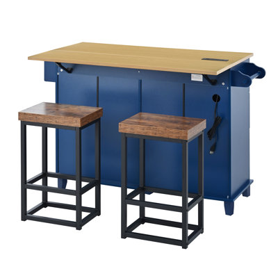 Îlot de cuisine de ferme avec 2 tabourets et prise de courant en bois massif bleu Topmax