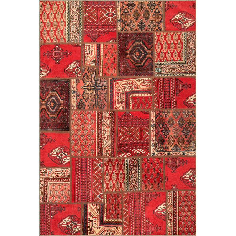 Tapis décoratif rétro rouge à motif patchwork traditionnel lavable à la machine, Sous-tapis carré 3 pi 3 po inclus