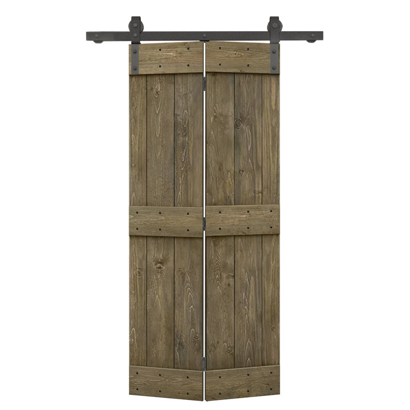 Porte de grange pliante en bois DIY avec ensemble de quincaillerie coulissante, Tonneau vieilli, 34 po x 84 po