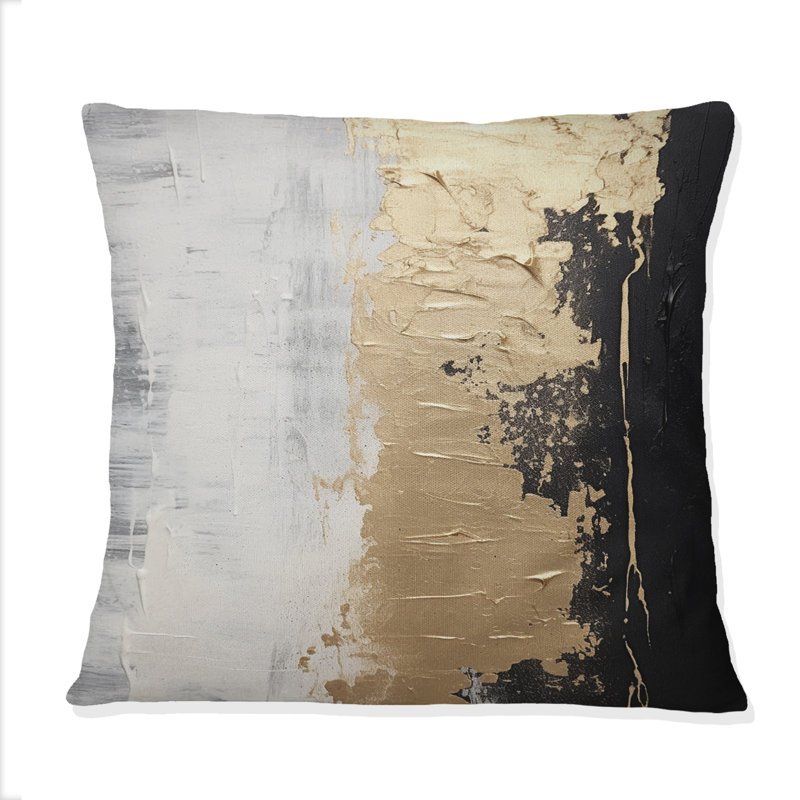Essentiel, nature, alchimie, abstrait doré noir II - Coussin décoratif avec peinture abstraite, 16" x 16"