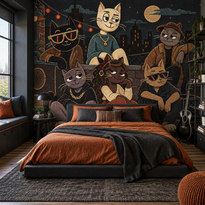 Papier peint Cool Cat Rooftop Jam, fresque murale Brick Wall Night City., 100 po x 96 po, Texturé non collé