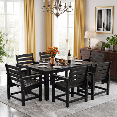 7-Piece HDPE Plastic Patio Outdoor Dining Set 6 Armchairs And 69" Table With 2" Umbrella Hole