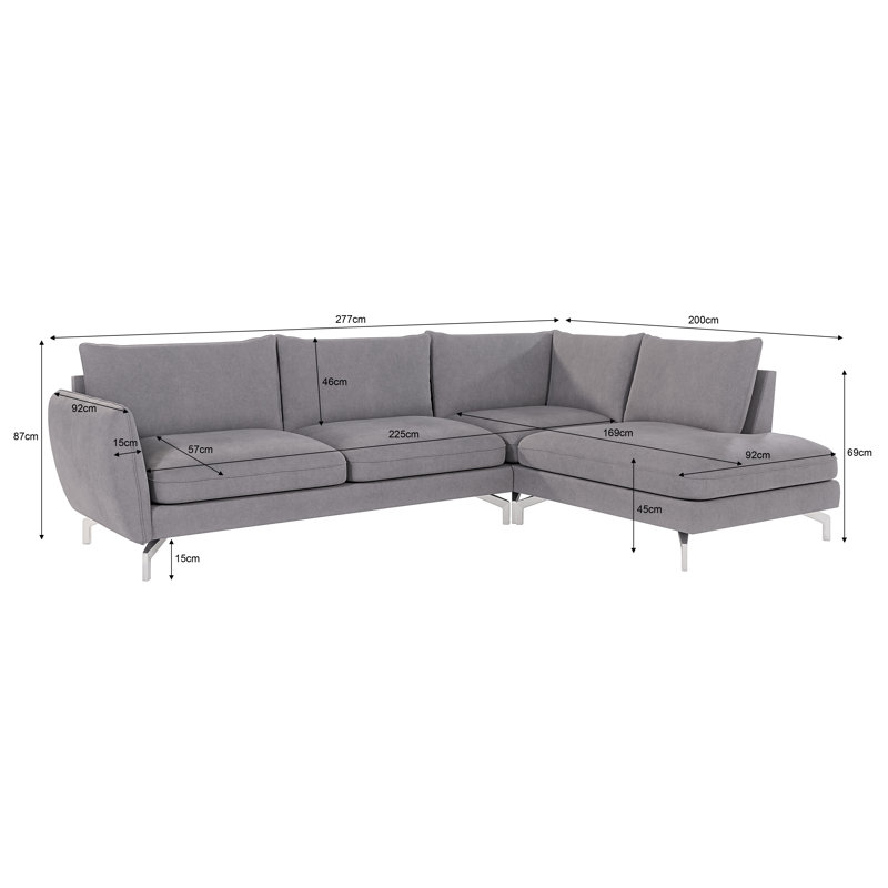 Modern L-Shape Corner Sofa  with Silver Metal Legs, Grey, Right Hand Facing