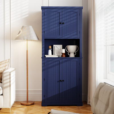 Farmhouse Kitchen Pantry with Open Shelves & Microwave Compartment | Tall Storage Cabinet with Adjustable Shelves