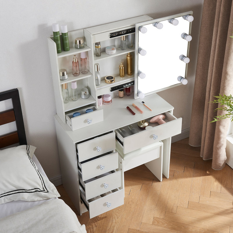 Bureau de coiffeuse avec miroir et 10 lumières DEL Solymar, coiffeuse de maquillage avec lumières et 6 tiroirs de rangement, coiffeuse à 3 tablettes cachées pour la chambre à coucher, blanc