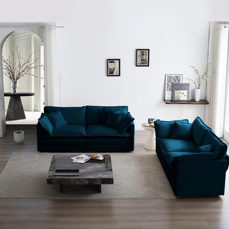 Salon 2 en tissu chenille bleu. Bois, éponge haute, revêtement respirant pour un look élégant, base, tissu, assise confortable solide