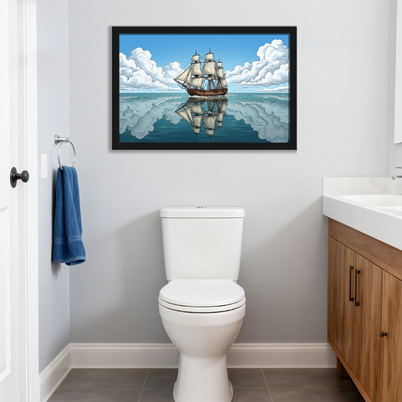 Voilier sur l'océan calme avec reflet de nuage, 24" H x 36" W, Cadre photo unique, Grain de bois clair