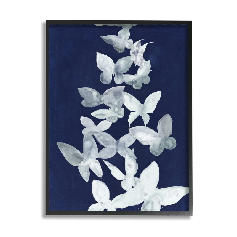 «Blue Butterflies Abstraction» encadré sur bois par Grace Popp, peinture, Giclée encadrée noir minuit