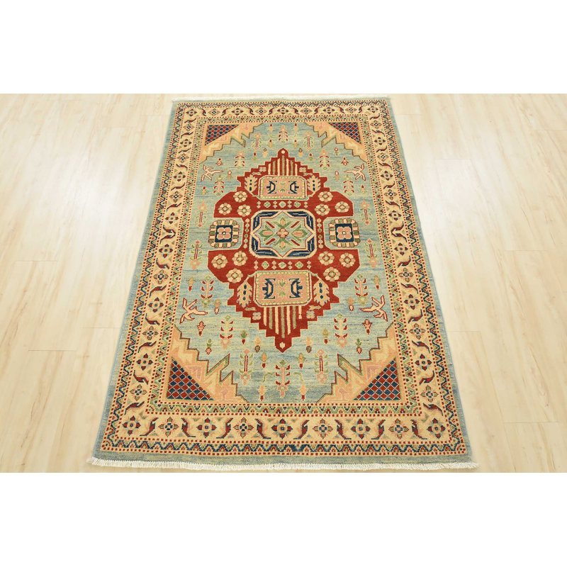 Tapis gris en laine noué à la main de conception unique 4 pi x 5 pi 11 po