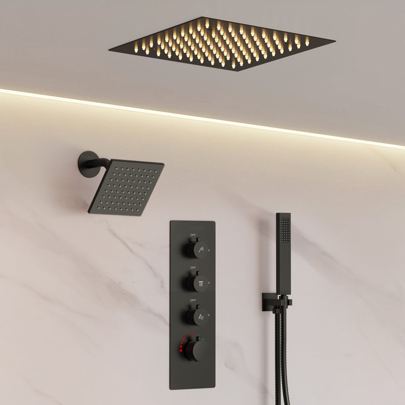 Système de pomme de douche thermostatique double, robinet de pluie à DEL 12 po avec pomme de douche à fixation au plafond et douchette de 6 po