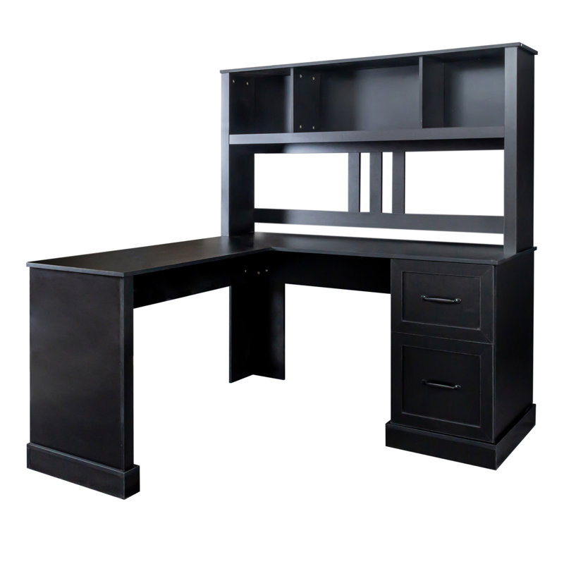 Bureau d'ordinateur à la maison avec antique noir, 2 tablettes ouvertes, 2 grands tiroirs, rangement suffisant, aspect rayé,