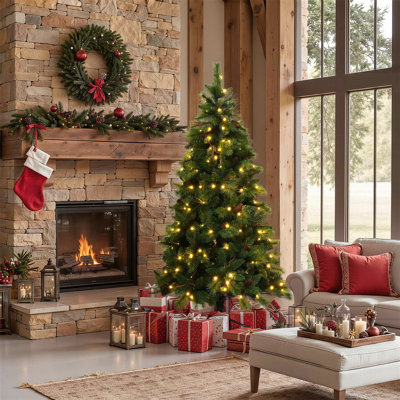 Sapin de Noël artificiel de 1,80 m en pin mélangé avec des pommes de pin, des branches, des guirlandes lumineuses DEL et un support en métal
