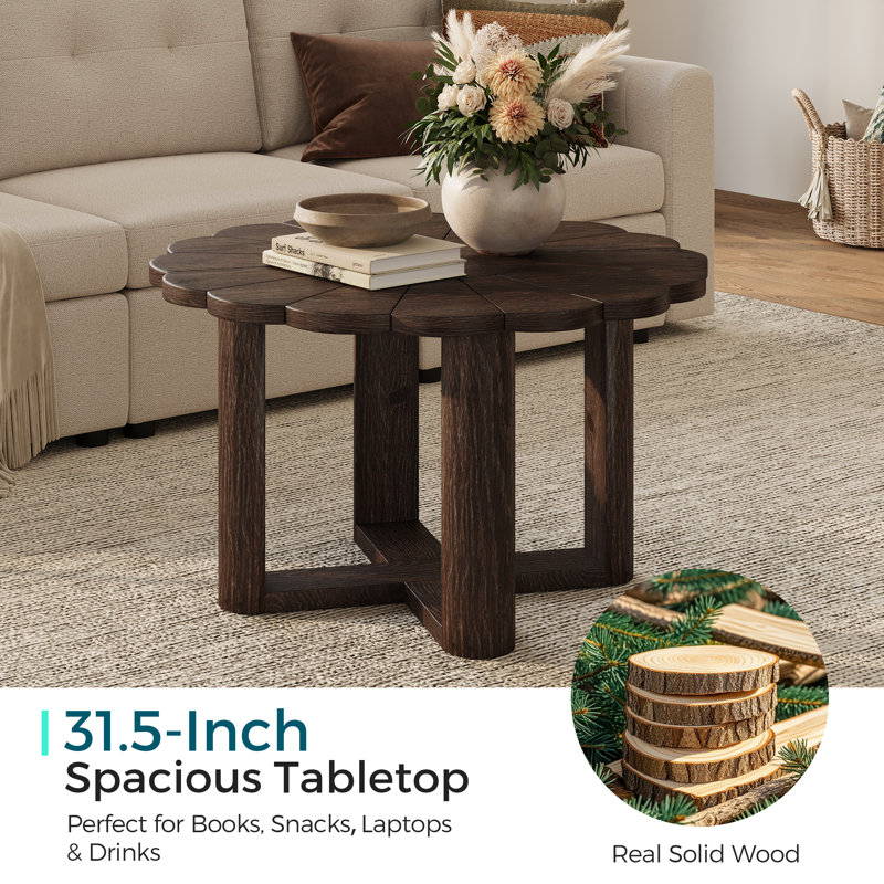 31.5" Round Solid Wood Coffee Table, Petal Shape Rattan Coffee Table with Open Display Area, Dark Brown