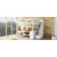 Lit mezzanine double avec bureau intégré en forme de L et tablettes de rangement à trois niveaux, et escalier de rangement attaché, blanc
