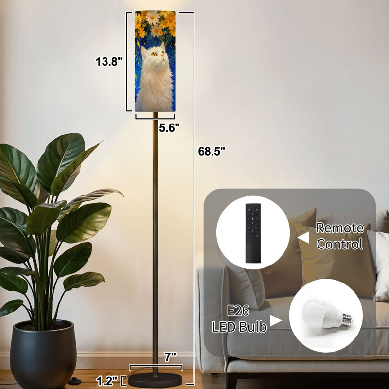 Lampe sur pied blanche avec chat, fleurs jaunes et bleues, entourée d'un lampadaire moderne à intensité variable avec télécommande et interrupteur au pied, abat-jour haut, lampe de coin pour salon, chambre ou bureau