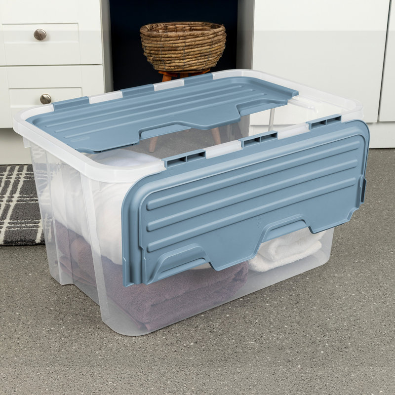Sterilite 60 Qt Hinged Lid Storage Box, Plastic Container, Washed Blue, 12 Pack, 60 qt.