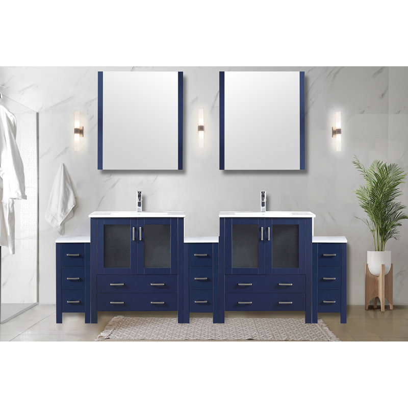 Meuble-lavabo double bleu marine 96 po L, robinet, 28 miroirs, plateau en céramique blanche pour économiser de l'espace dans la salle de bain - bleu, meuble-lavabo, comptoir, salle de bain