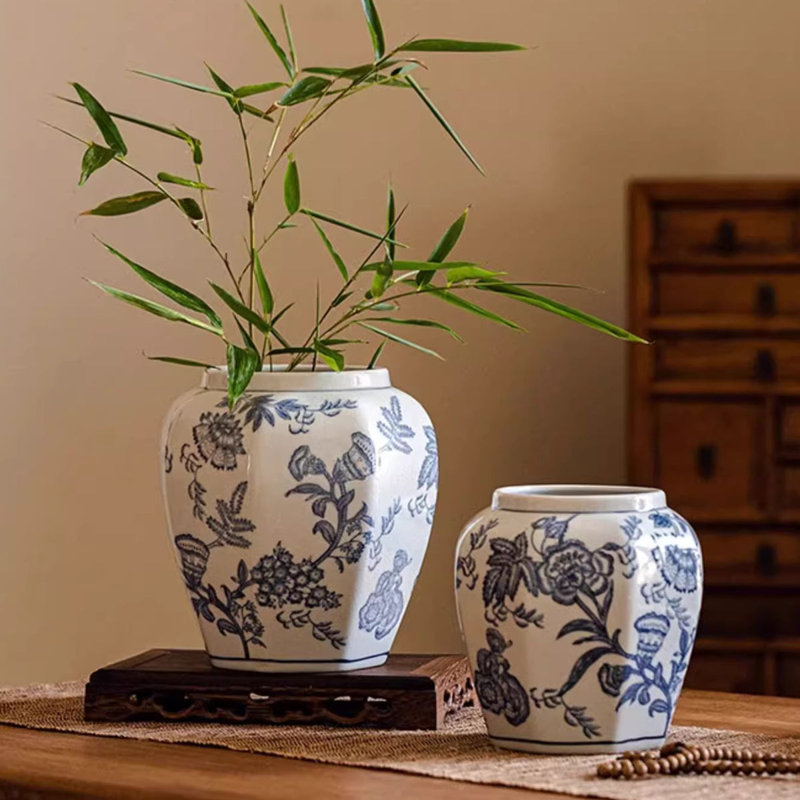 Blue and White Porcelain Floral Vase, 6.8" H x 7.1" W x 8.4" D
