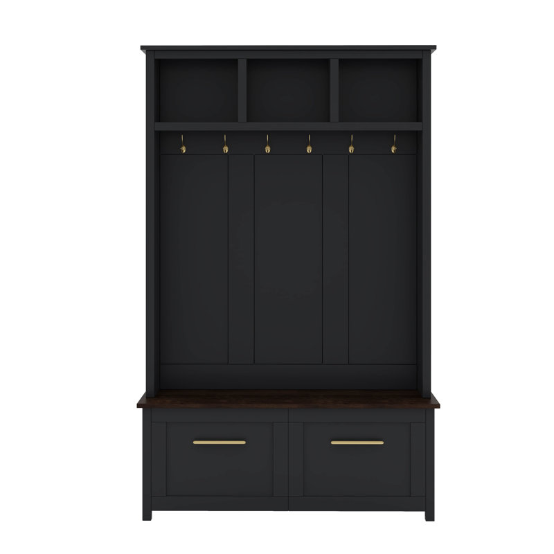 4-In-1 Hall Tree With Bench, Modern Versatile Multiple Storage Space With 6 Golden Hooks, 2 Drawers, Black