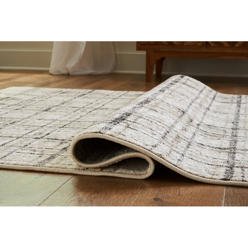Azmerilla 5' x 7' Cream and Gray Plaid Area Rug