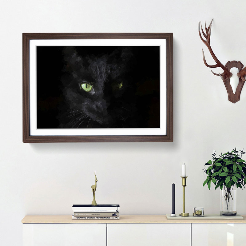 Black Cat with Green Eyes in Abstract - Picture Frame Graphic Art Print, 36cm H x 48cm W x 2cm D, Walnut Framed