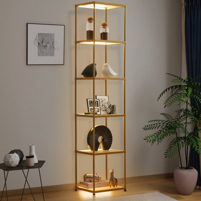 Étagère en verre à 6 niveaux à DEL, bibliothèque avec lumières à intensité variable et structure en métal à revêtement doré