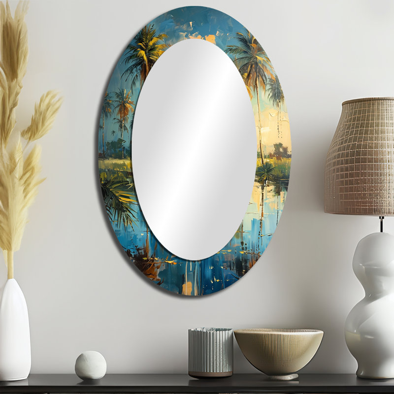 Green Palm Trees Serenity II - Grand miroir mural ovale sur métal, 36 po x 24 po