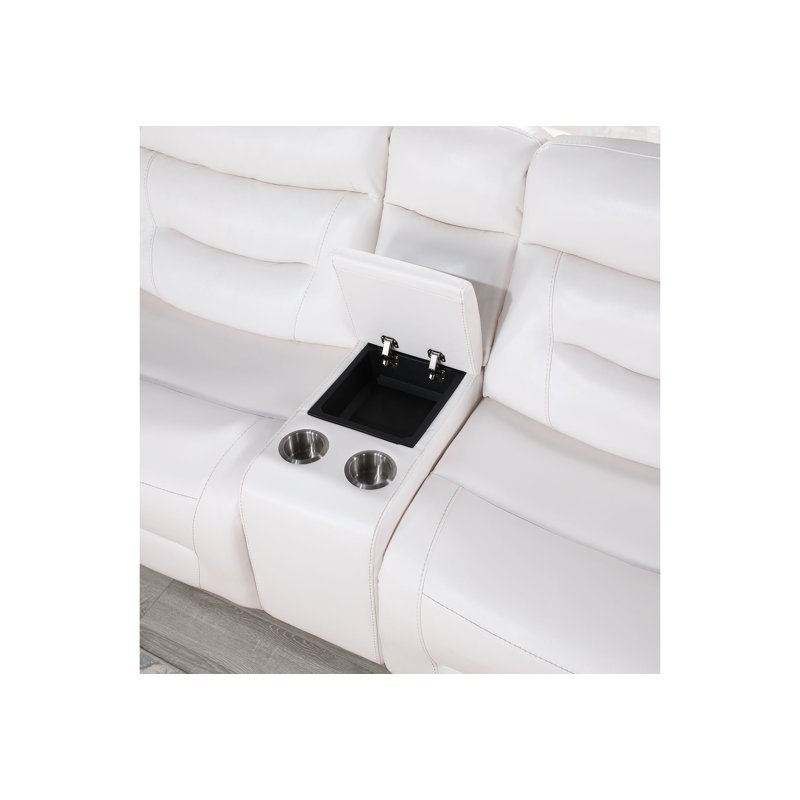 White Faux Leather Sleeper Sectional with Cup Holder and Ottoman