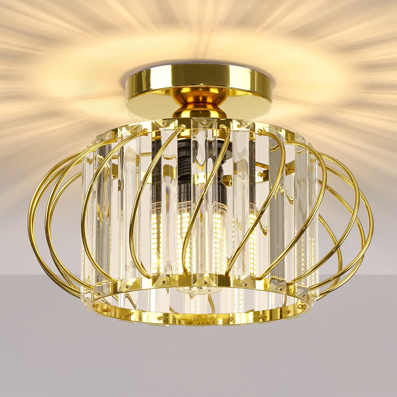 1-Light 11" Flush Mount Ceiling Light Modern Crystal Cage Gold Fixture for Bedroom Hallyway Entryway, Gold