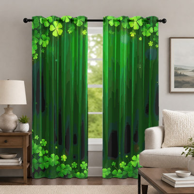 2Pcs Shamrock Pattern Curtains, Festive Style Curtain, Holiday Themed Vibrant Clover Print Art Grommet Drapes, Window Treatment for Bedroom Living Room Decor