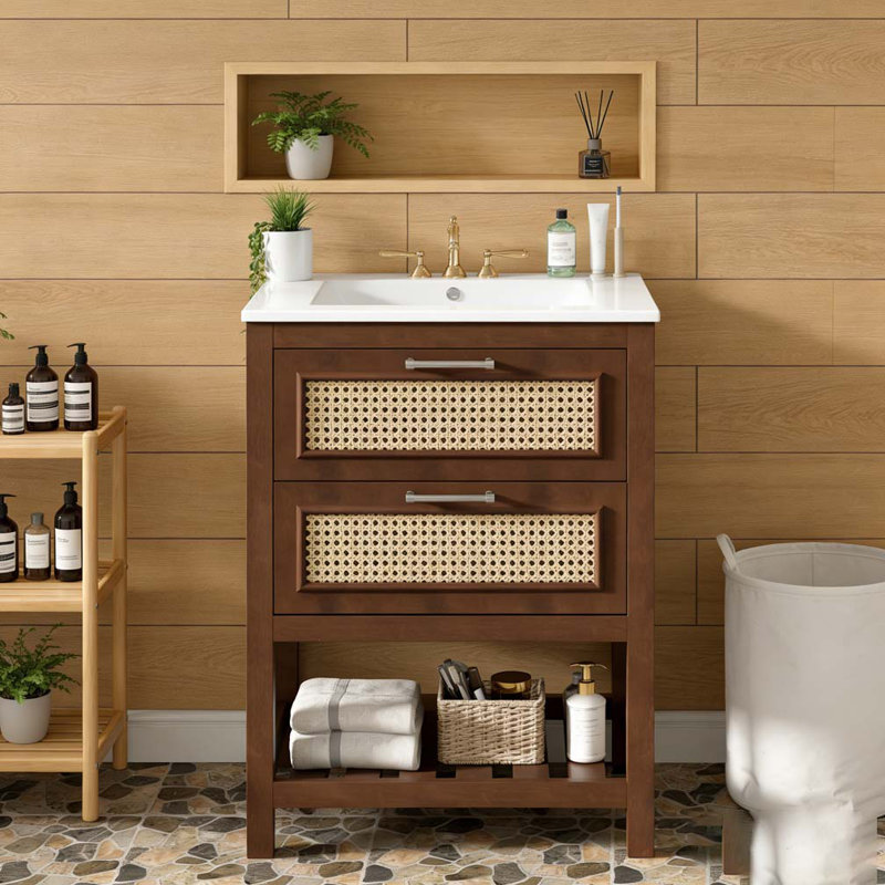 Meuble-lavabo 24 po avec lavabo en céramique intégré, Marron foncé