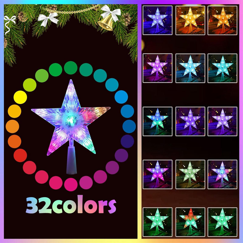 Christmas Tree Topper, 9" Lighted Christmas Tree Topper Star KBG LED 20 Light Modes Colour Changing USB Powered With Versatile Remote Controller For Xmas Decorations