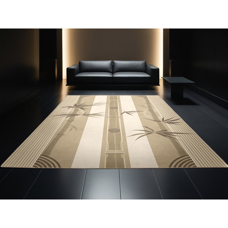 Tapis art déco lavable à la machine en bambou brun Oyan, Carré 5 pi