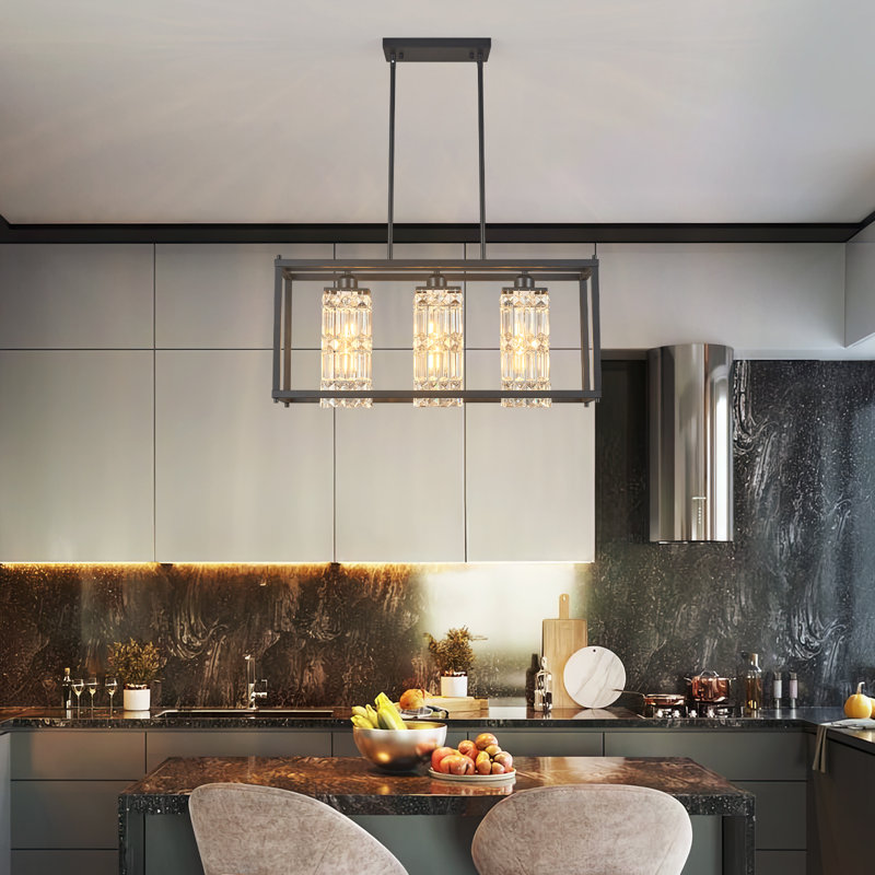 Lustre suspendu moderne en cristal - 27,56 po pour îlot de cuisine et espaces de vie, Noir
