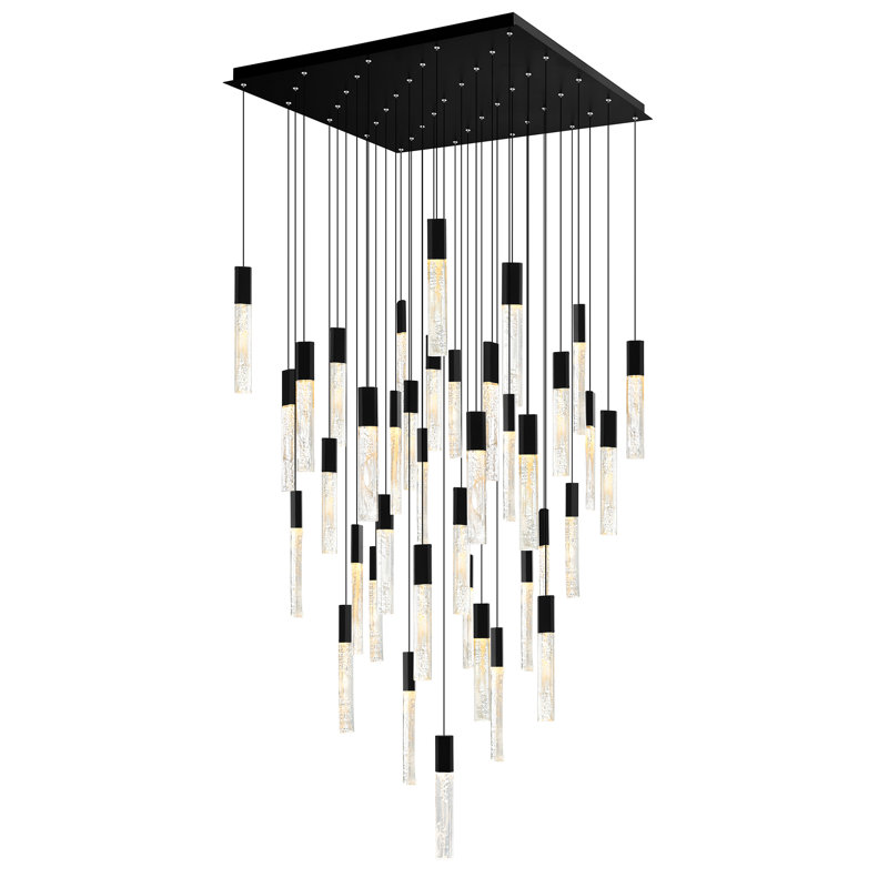 Integrated LED 36in Black Modern Chandelier with Textured Handmade Glass for Living Room Dining Room, Black