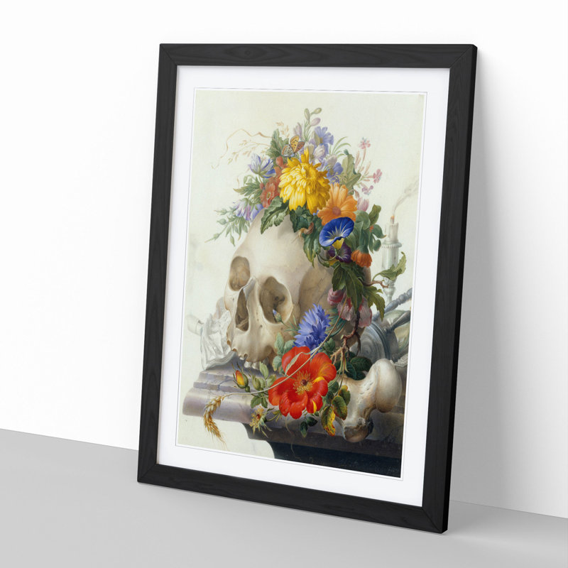 Skull with Flowers Vol.2 by Herman Henstenburgh - Picture Frame Painting, 48cm H x 36cm W x 2cm D, Black Framed
