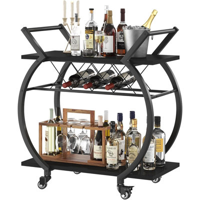 Chariot-bar noir avec roulettes, chariot de service à vin industriel avec tablettes de rangement, organisateur de bar à roulettes