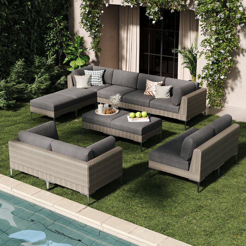  12-piece Wicker Rattan Patio Furniture Set, Deep Seating Outdoor Modular Sectional Sofa Conversation Set With Thick Cushions For Lawn, Garden