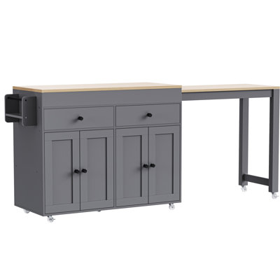 Grey Kitchen Island With 7 Wheels & Extendable Table 74.5 Inch Dining Rolling -