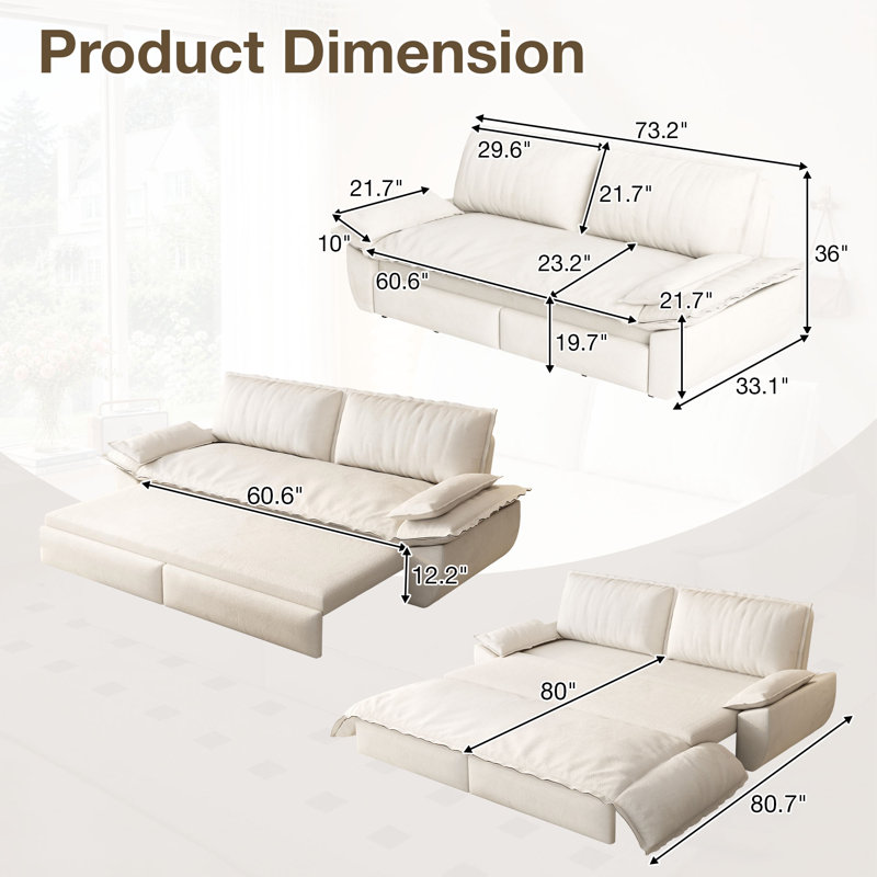 Canapé-lit convertible 3 en 1 en velours, format queen, avec oreillers inclus, Velours beige
